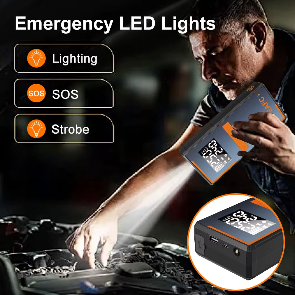 2025 Newest All-In-One Car Emergency Jump Starter & Air Pump 1200A Peak 150PSI Tire Inflator with LED Light & Power Bank