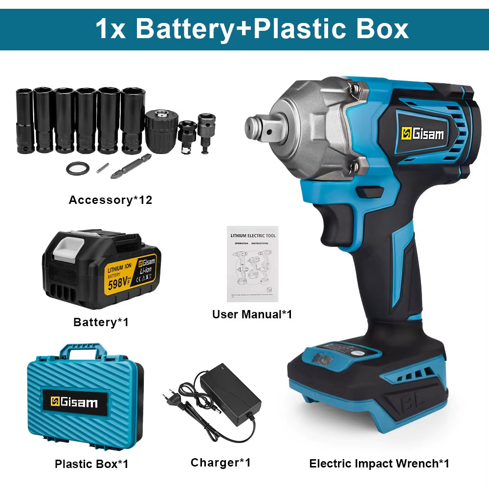 1200N.M Torque Brushless Electric Impact Wrench 1/2 Inch Cordless Wrench Screwdriver Power Tool for Makita 18V Battery Pin
