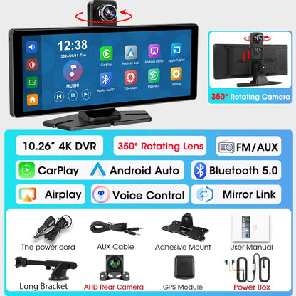 7"/10.26" 4K Dash Cam Wireless Carplay Android Auto 350° Rotating Lens Car DVR GPS Navigation Dashboard Video Recorder Bluetooth