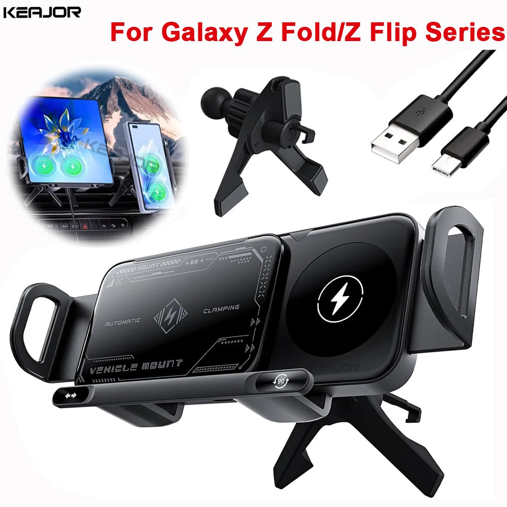 Car Wireless Charger Dual Coil Fold Screen Phone Fast Charging for  Galaxy Z Fold 5 6 Flip 3 4 Air Vent Car Phone Holder