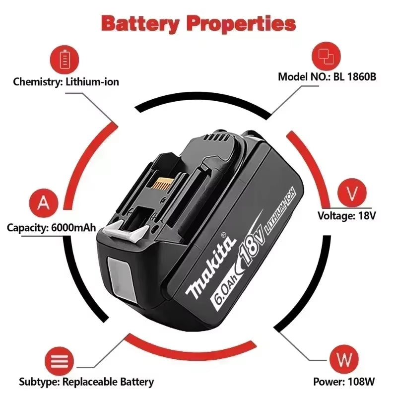 100% Original  18V 6.0Ah Battery, for  BL1830， BL1830B， BL1840 ，BL1840B ，BL1850 BL1860B Power Tools Battery