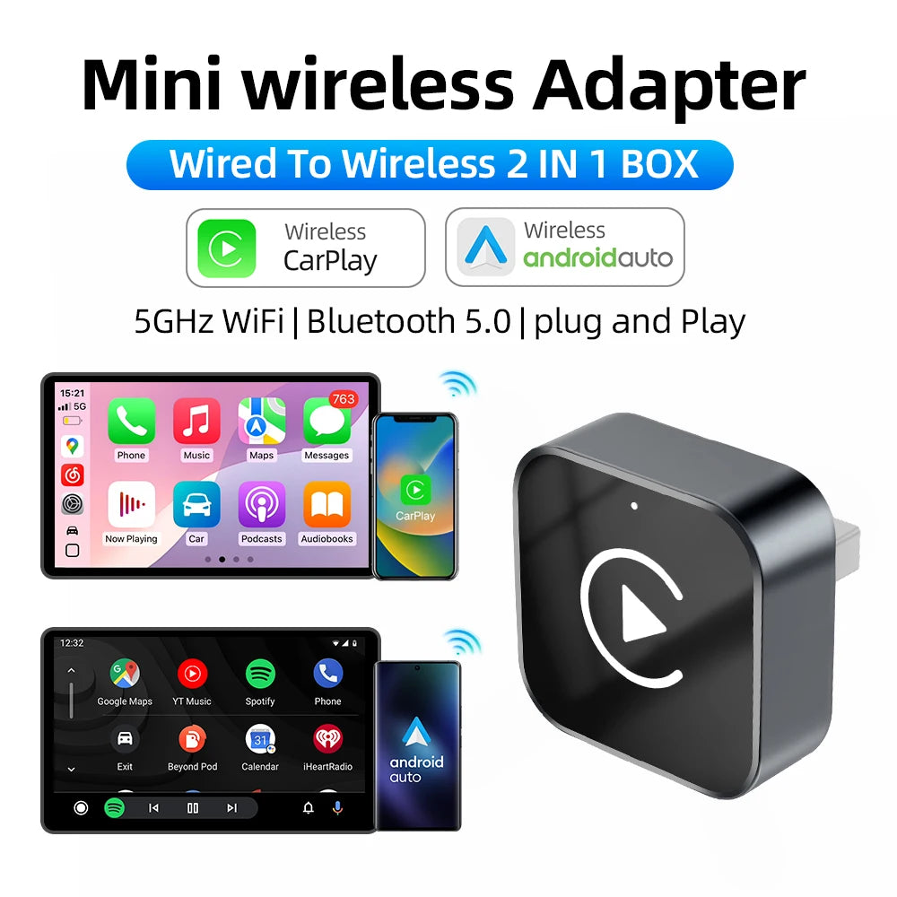 2025 New 2IN1 Wireless Carplay Android Auto USB Adapter Dongle Smart Mini Box Plug Play for VW Toyota Nissan Honda Ford Benz KIA