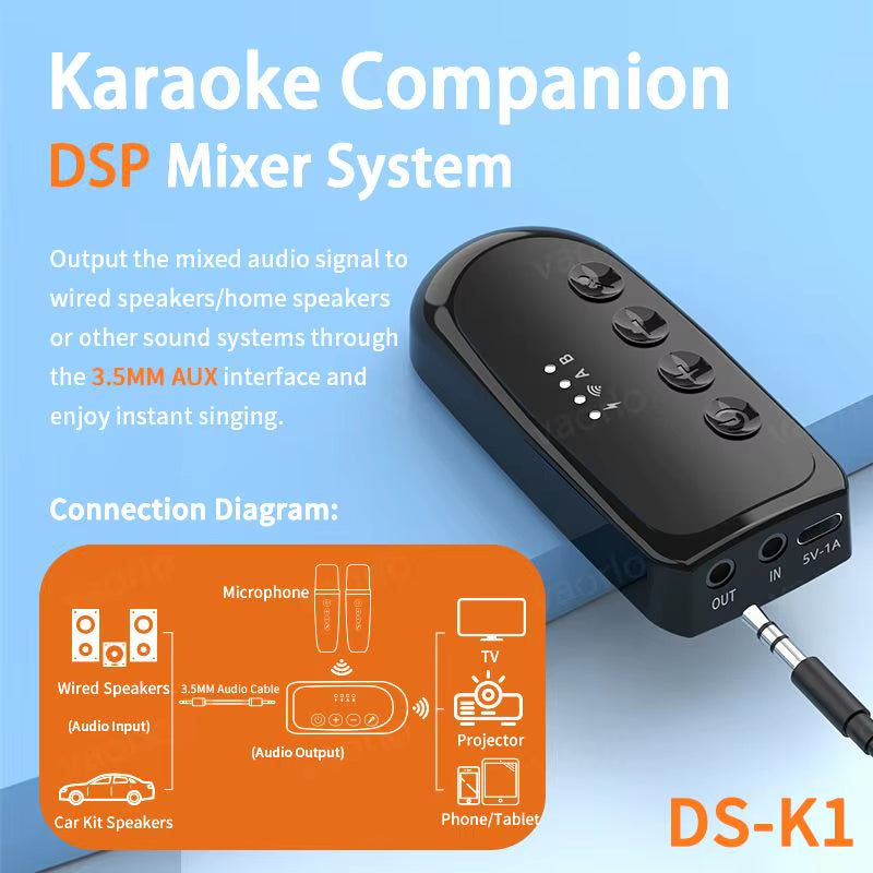 Wireless Karaoke Companion Bluetooth 5.3 Dynamic Microphone KTV DSP Mixer System 3.5MM AUX Type-C Amplifier Host for Speaker Car