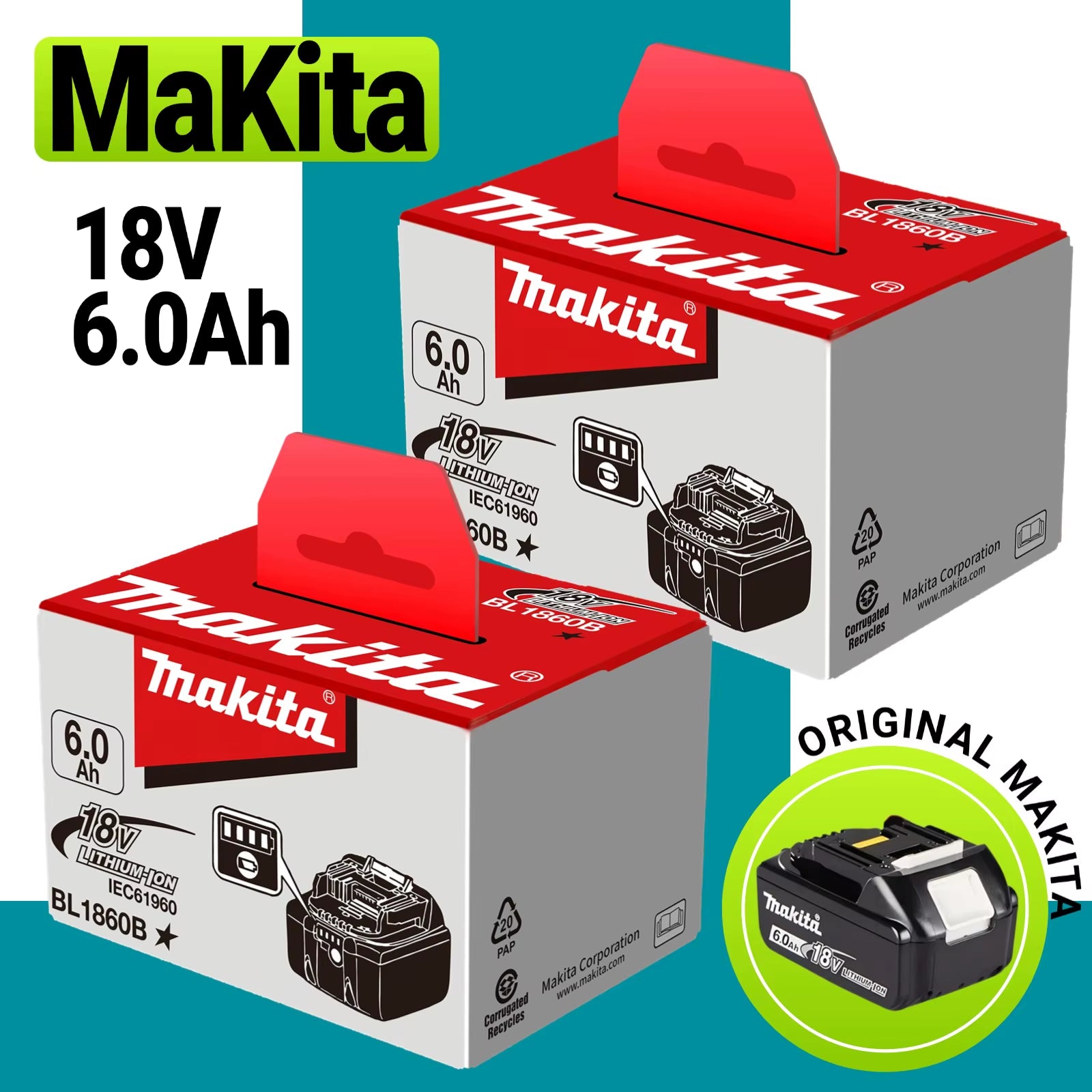 100% Original  18V 6.0Ah Battery, for  BL1830， BL1830B， BL1840 ，BL1840B ，BL1850 BL1860B Power Tools Battery
