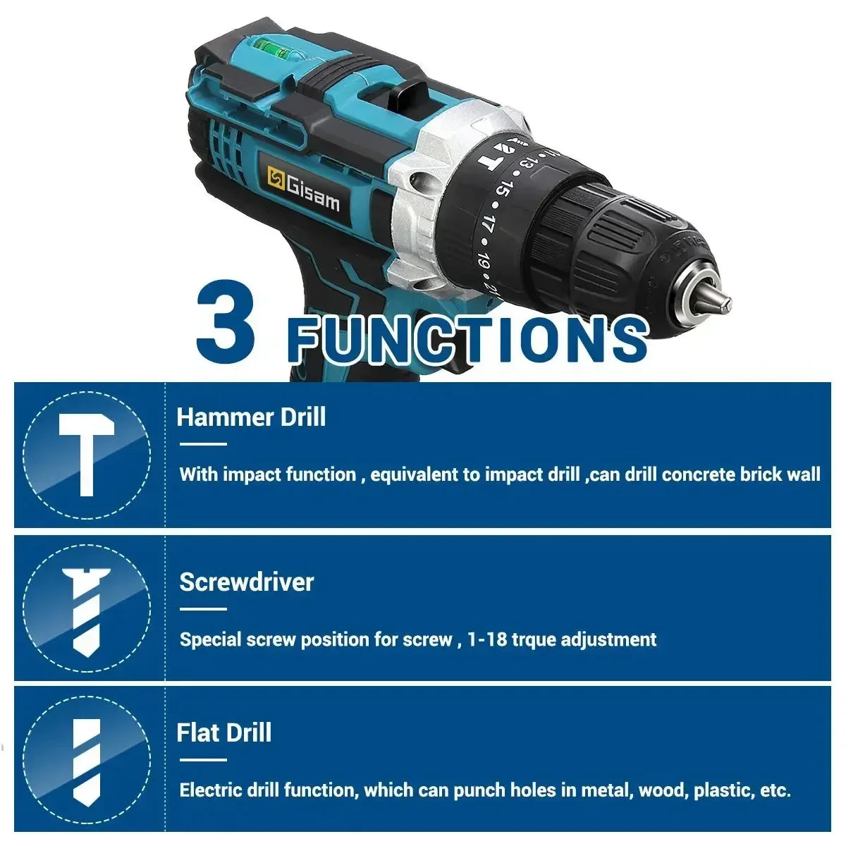 Battery Impact Screwdriver Multifunctional Cordless Drill Power Tool 25+3 Torque Setting 2 Gear Speed Electric Screwdriver
