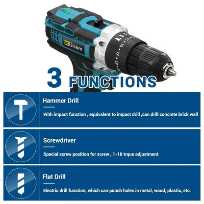 Battery Impact Screwdriver Multifunctional Cordless Drill Power Tool 25+3 Torque Setting 2 Gear Speed Electric Screwdriver