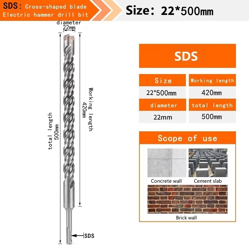 Concrete SDS plus Bit Cross Cutter Head Double Auger Hammer 110 160 210 350 500Mm Wall Brick Block Electric Hammer Masonry Bit