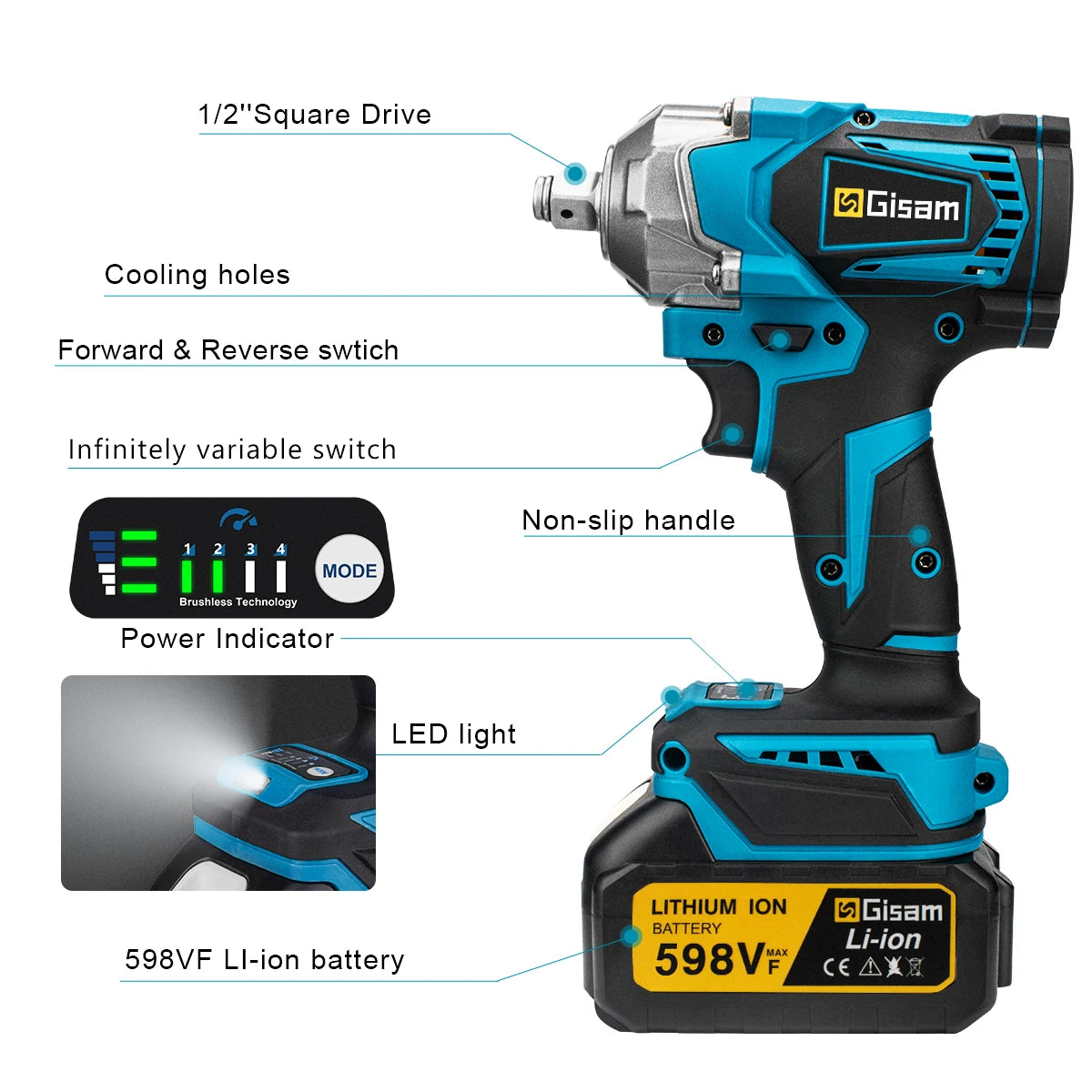 1200N.M Torque Brushless Electric Impact Wrench 1/2 Inch Cordless Wrench Screwdriver Power Tool for Makita 18V Battery Pin