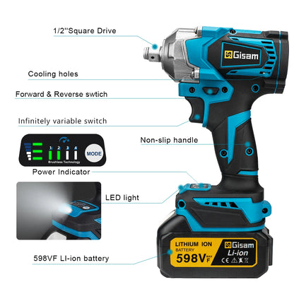 1200N.M Torque Brushless Electric Impact Wrench 1/2 Inch Cordless Wrench Screwdriver Power Tool for Makita 18V Battery Pin