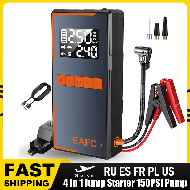 2025 Newest All-In-One Car Emergency Jump Starter & Air Pump 1200A Peak 150PSI Tire Inflator with LED Light & Power Bank