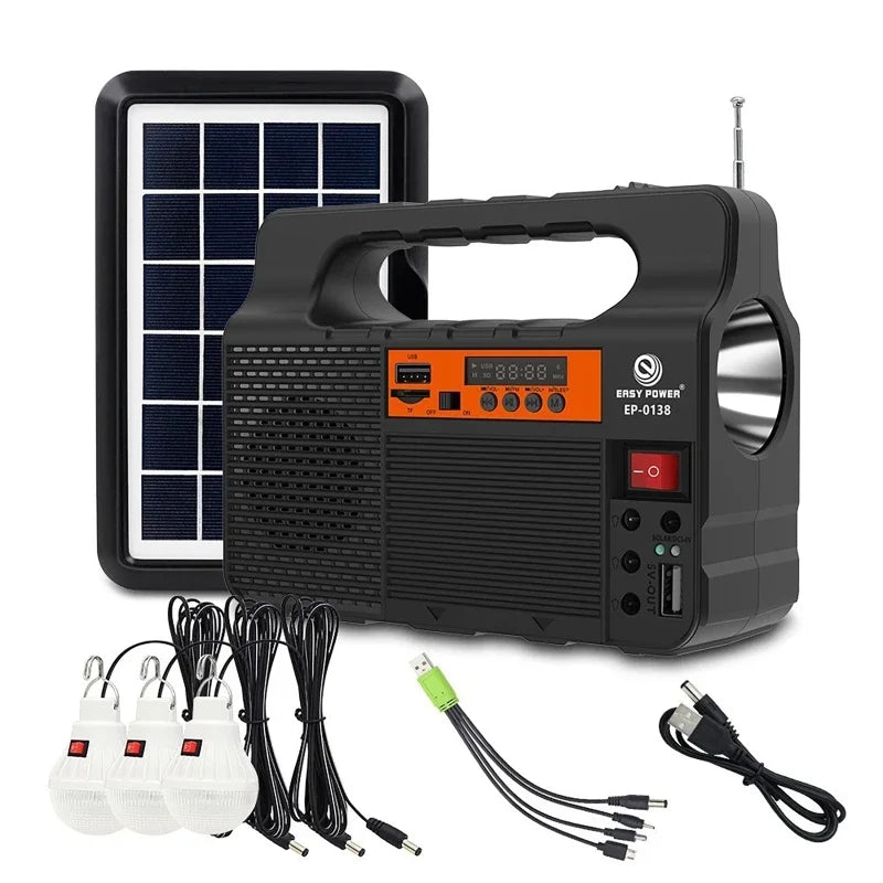 Solar Panel with 3Pcs LED Bulb Highlight Power Generator Kit Energy Saving Solars Lighting with FM Radio for Outdoor Camping