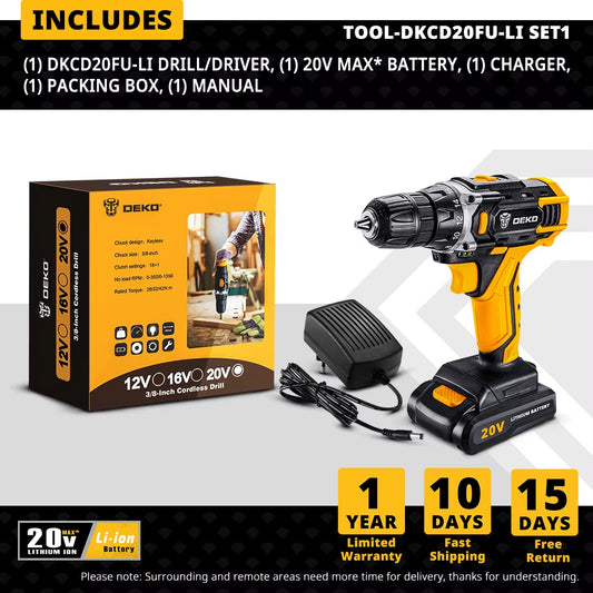 20V Cordless Electric Drill DC Lithium-Ion Battery 3/8-Inch for Home DIY Mini Wireless Power Driver Woodworking Tools