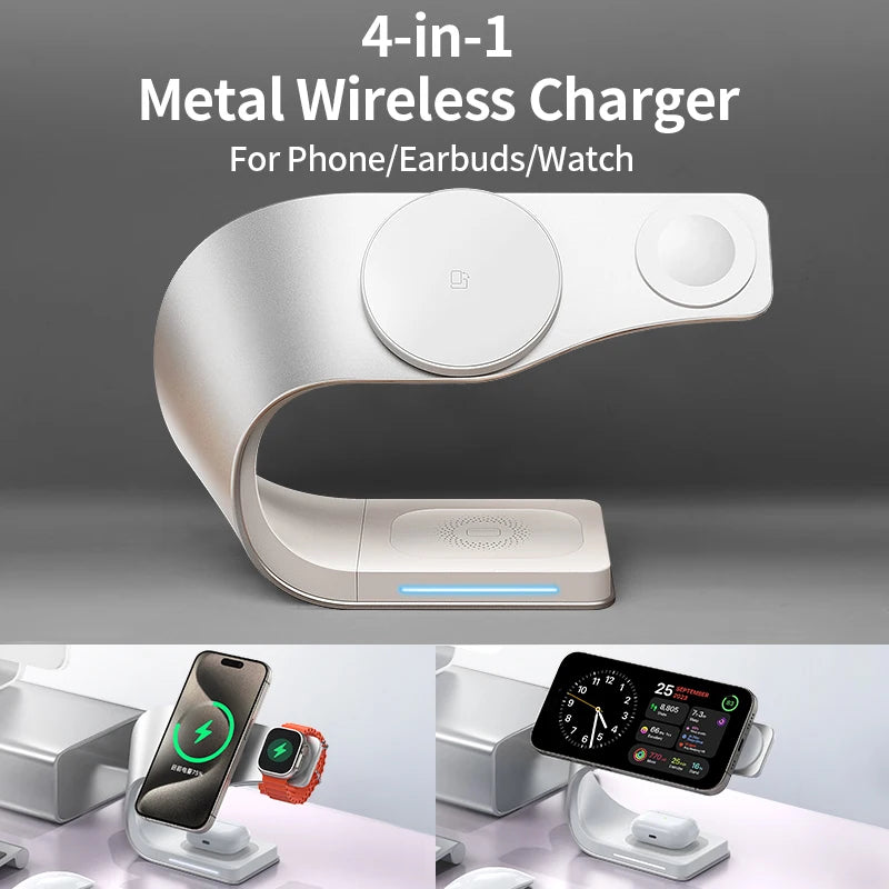 4 in 1 Wireless Charger Metal Shell for Iphone 15 14 13 12 Magnetic Fast Charging Station Stand Dock for Apple Airpods Watch
