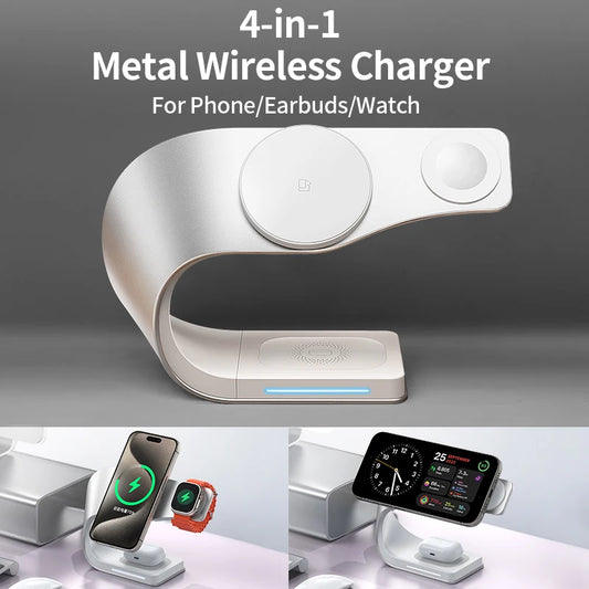 4 in 1 Wireless Charger Metal Shell for Iphone 15 14 13 12 Magnetic Fast Charging Station Stand Dock for Apple Airpods Watch