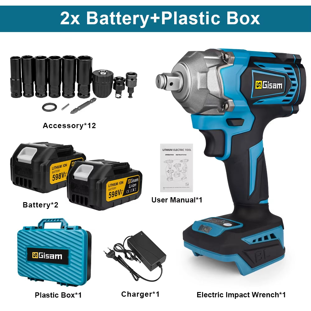 1200N.M Torque Brushless Electric Impact Wrench 1/2 Inch Cordless Wrench Screwdriver Power Tool for Makita 18V Battery Pin